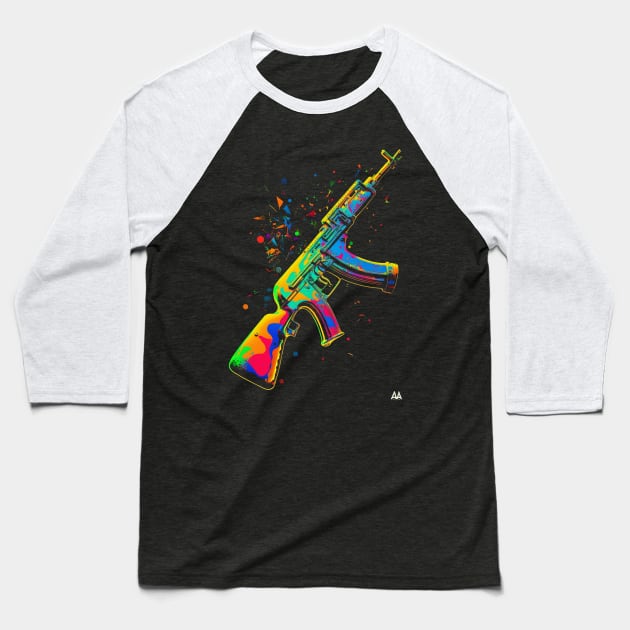 Firepower Fashion: The Bold and Colorful AK-47 Design 9 Baseball T-Shirt by MAPublishings